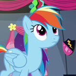A screenshot of Rainbow Dash from My Little Pony: Friendship is Magic, frowning slightly and looking to the top right.