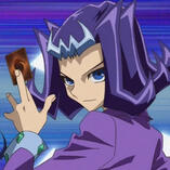 an image of Ryoga Kamishiro/Shark/Nasch/Reginald Kastle from Yu-Gi-Oh! ZEXAL. he is smirking while holding a card in his fingers.
