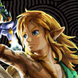 Link from The Legend of Zelda: Tears of the Kingdom, in his archaic clothing. He is pullinga decayed Master Sword out from behind his back.