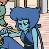 Lapis Lazuli from Steven Universe, holding a french fry and looking tired.