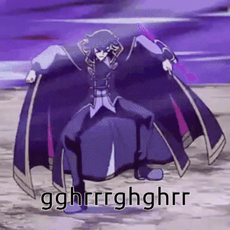 Ai from Yu-gi-oh Vrains in his SOLtiS form stomping angrily, captioned "gghrrrghghrr"