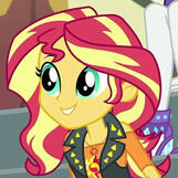 Sunset Shimmer from My Little Pony Equestria Girls, smiling and facing towards the left.